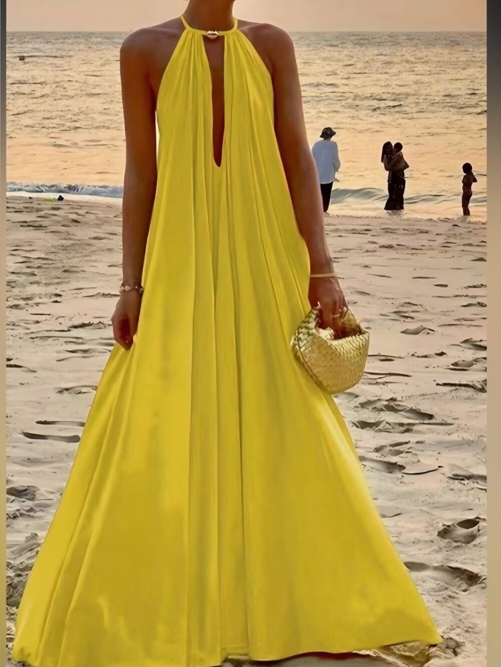 Yellow Halter Maxi Dress with Keyhole Front - Women Size XL, New In Bag!